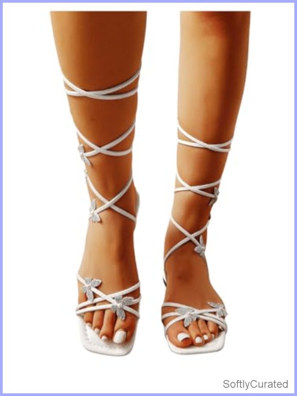 Lace Up Strappy Rhinestone Sparkly Flat Sandals Square Toe Faux Leather